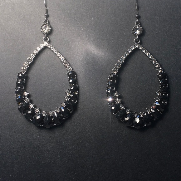 Bold black/clear rhinestone hoops 3.5” x 2” size. Silver tone metal.✨✨✨ - Picture 2 of 8